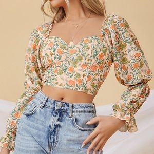 Boho floral print sweetheart neck crop top